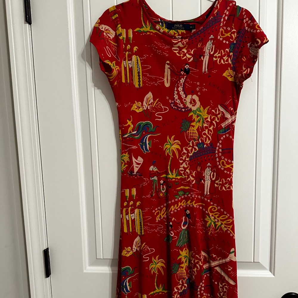 POLO Ralph Lauren red Hawaiian theme flare short-sleeve knit dress - Size XS